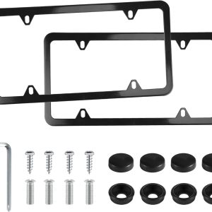 4 Holes Stainless Steel License Plate Frames, 2 PCS Car Licence Plate Covers, Automotive Exterior Accessories Slim Design with Bolts Washer Caps for US Vehicles, Black