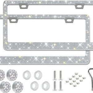 2 Pack Bling License Plate Frame for Women,Sparkly Rhinestone Stainless Steel License Plate Holder,Car Accessories with Glitter Crystal Caps (White)