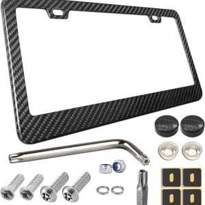 Carbon Fiber License Plate Frame - 100% Real Carbon Fiber Overlays Stainless Steel License Plate Frames | Stainless Steel Anti-Theft License Plate Screws | 1PC Black Gloss Plate Frame