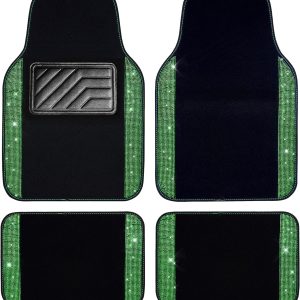 Shining Rhinestones Carpet,  Crystal Diamond Sparkly Glitter Car Floor Mats with Anti-Slip PVC Heel Pad Automotive Universal for SUV,Sedan,Car,Van,4pcs for Girl Women Green Diamond